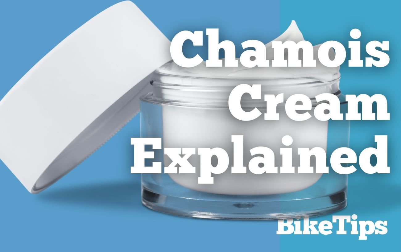 A white bottle of cream and a blue background with the words chamois cream explained in the foreground.