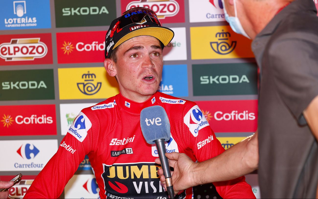 Sepp Kuss speaks to the media after winning Stage 10 of the 2023 Vuelta.