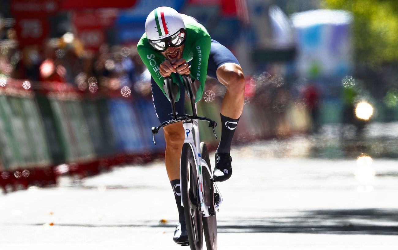 Filippo Ganna crosses the line as he wins the Stage 10 Time Trial at the 2023 Vuelta a Espana.