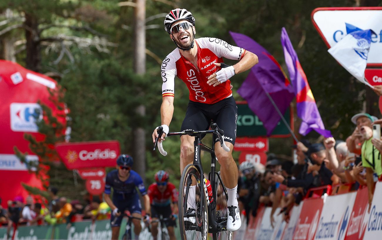 Jesus Herrada celebrates winning Stage 11 of the 2023 Vuelta a Espana.