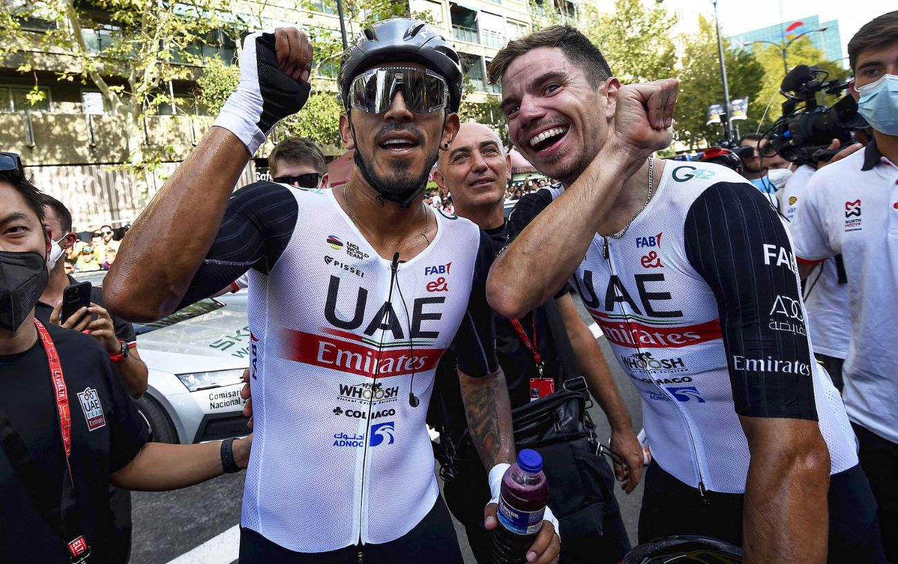 Juan Sebastian Molano and Rui Olivera embrace after winning Stage 12 of the 2023 Vuelta a Espana.
