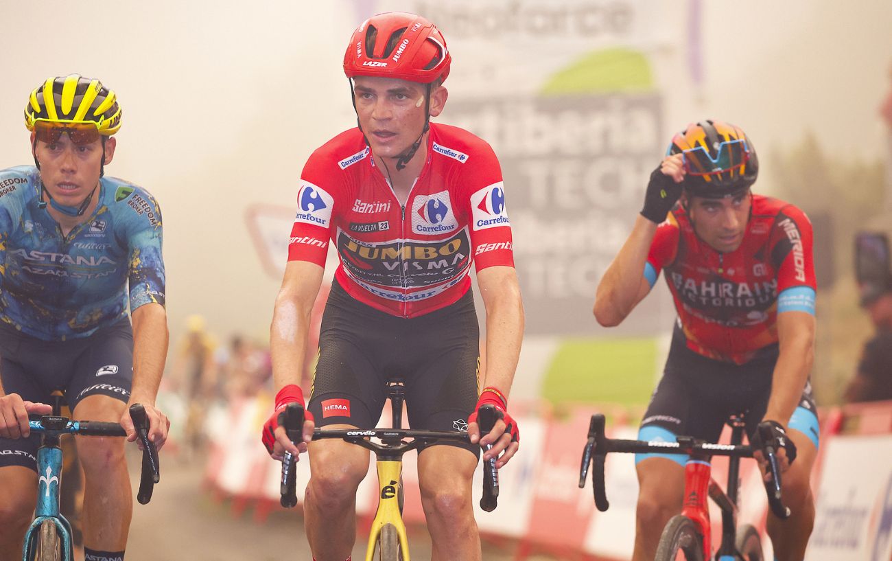 Sepp Kuss wears the red jersey at the end of Stage 9 of the 2023 Vuelta a Espana.