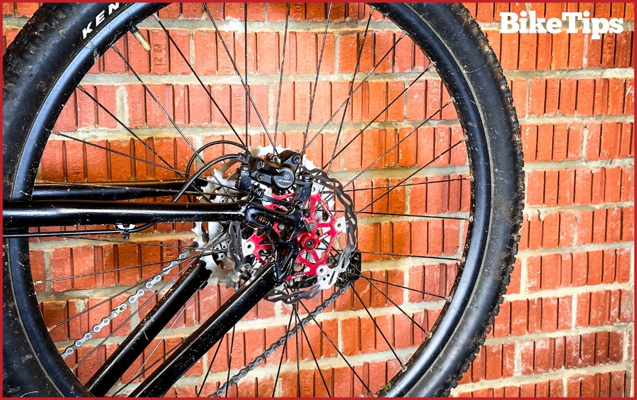 A disc brake on a rear wheel.