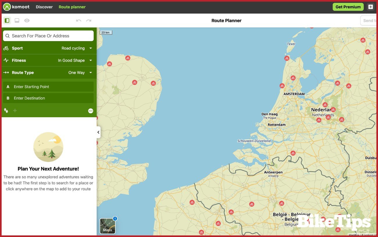 Screenshot of the Komoot web app showing how to plan a bikepacking route.