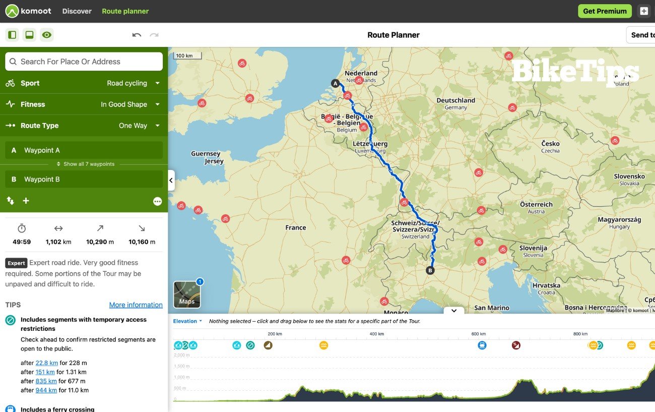 Screenshot of the Komoot web app showing how to plan a bikepacking route.