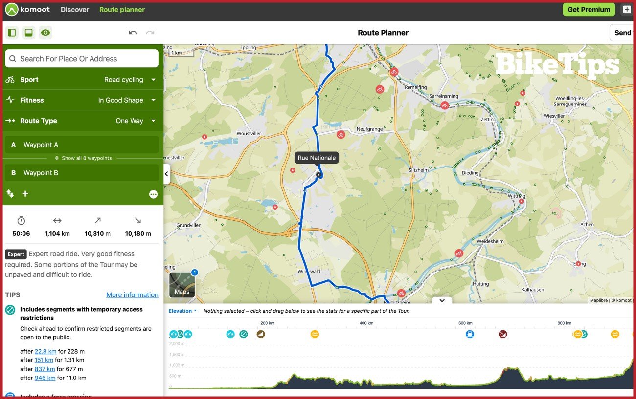 Screenshot of the Komoot web app showing how to plan a bikepacking route.