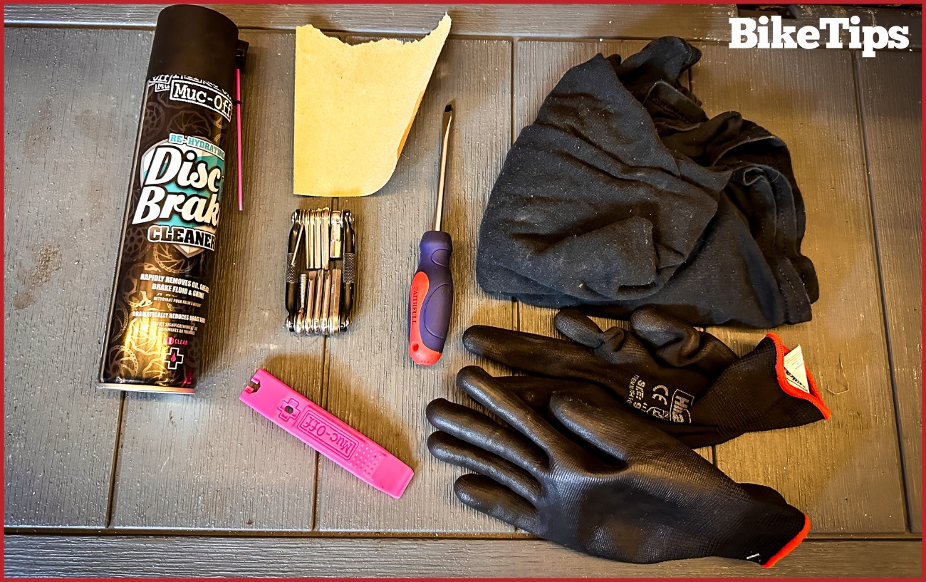 Disc brake cleaner, gloves, Allen keys, sand paper, tire lever,  a cloth, and a screwdriver all ready to fix squeaky disc brakes.