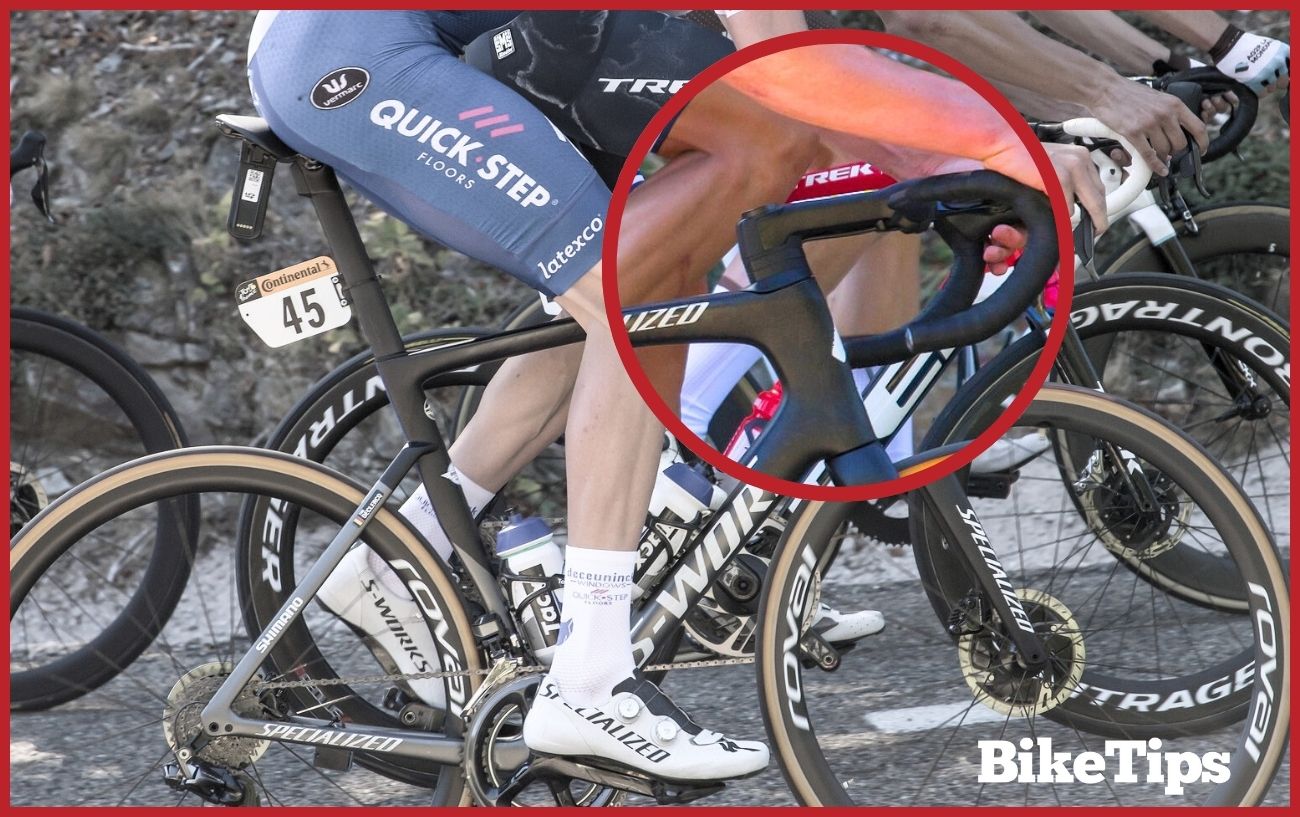 Enlarged graphic demonstrating a slammed stem on a professional cyclist's road bike.