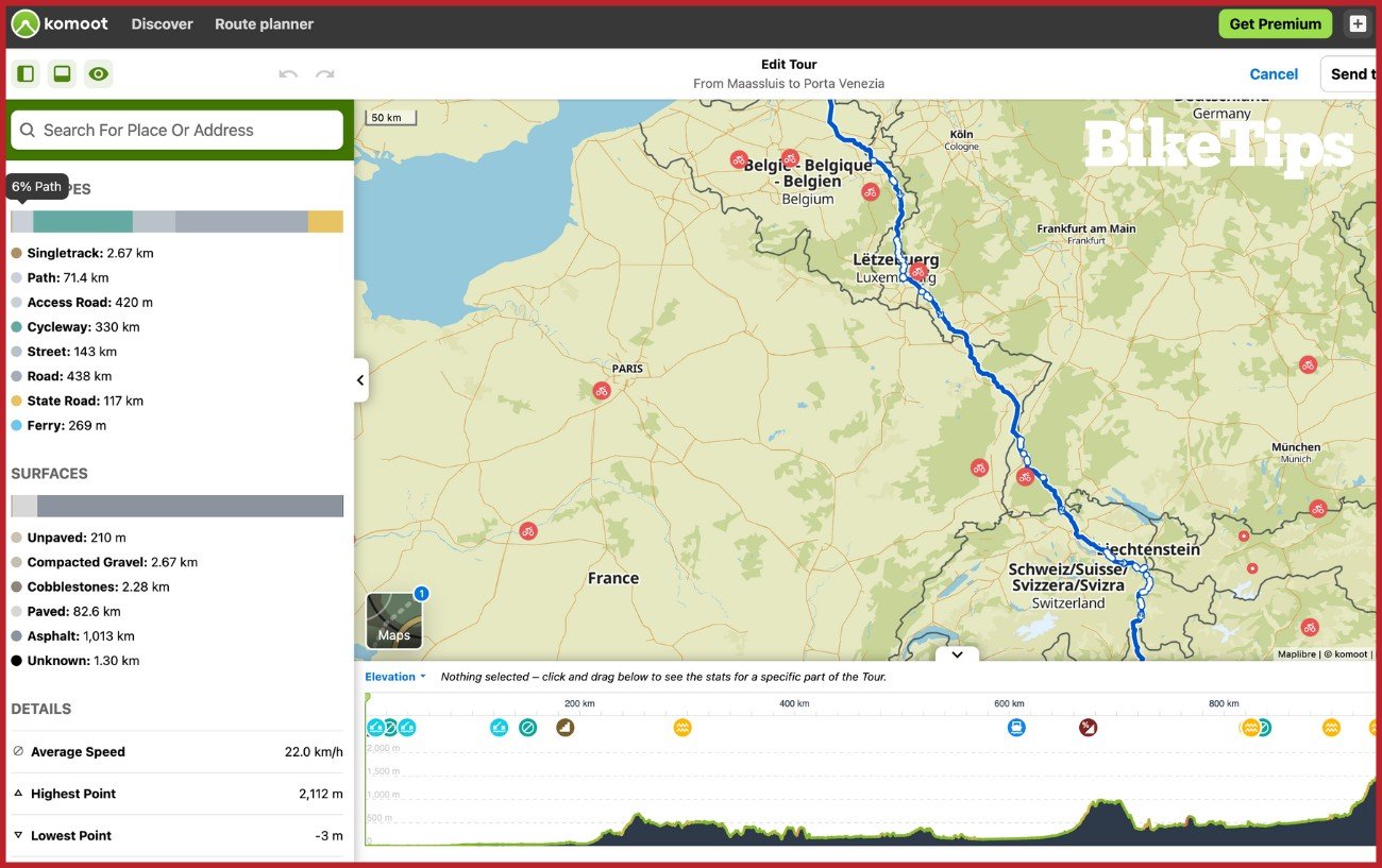 Screenshot of the Komoot web app showing how to plan a bikepacking route.