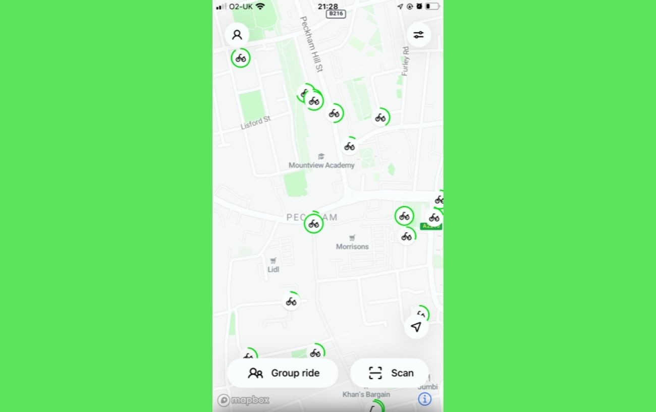 Screenshot of the Lime app, showing eBikes in Peckham.