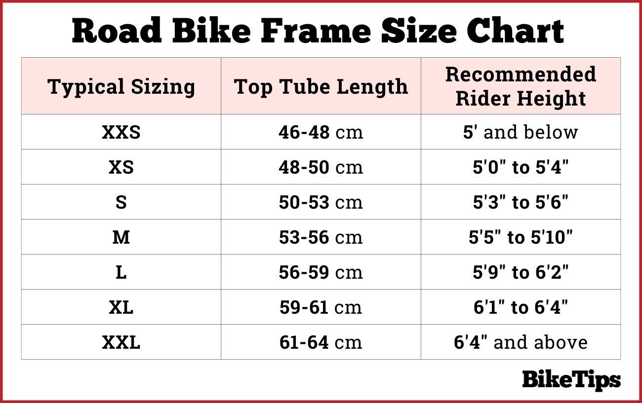 Road bike frame size chart, according to different rider heights.