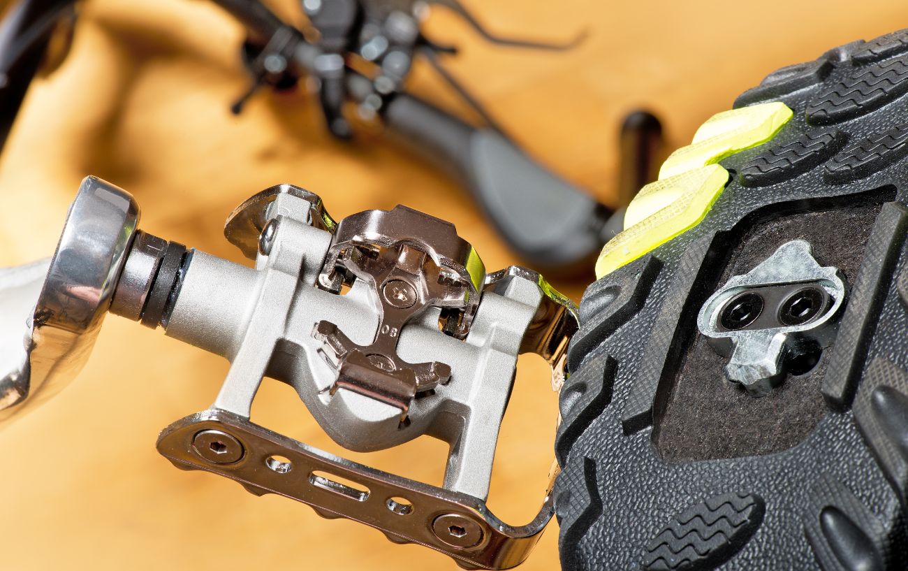 Clipless mountain bike pedals shown close up.