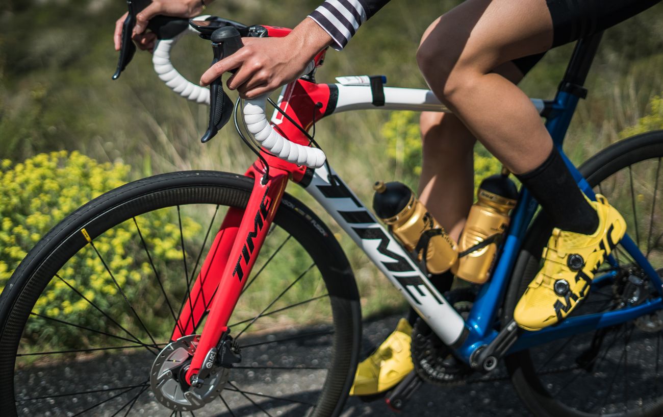 Clipless bike pedals on a Time road bike.
