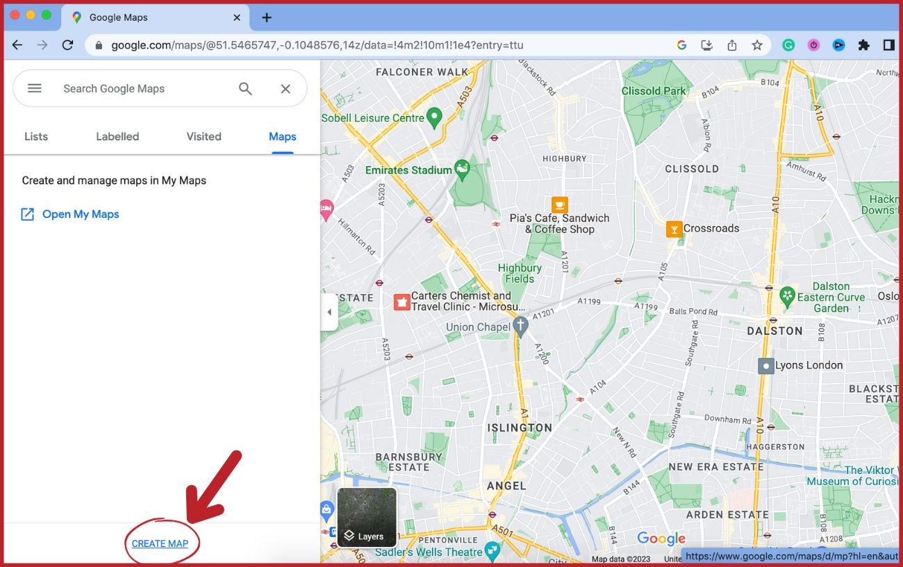Annotated screenshot showing how to create a new custom maps in Google Maps.