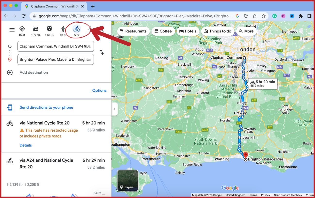 Annotated screenshot showing how to create a custom cycling route in Google Maps.