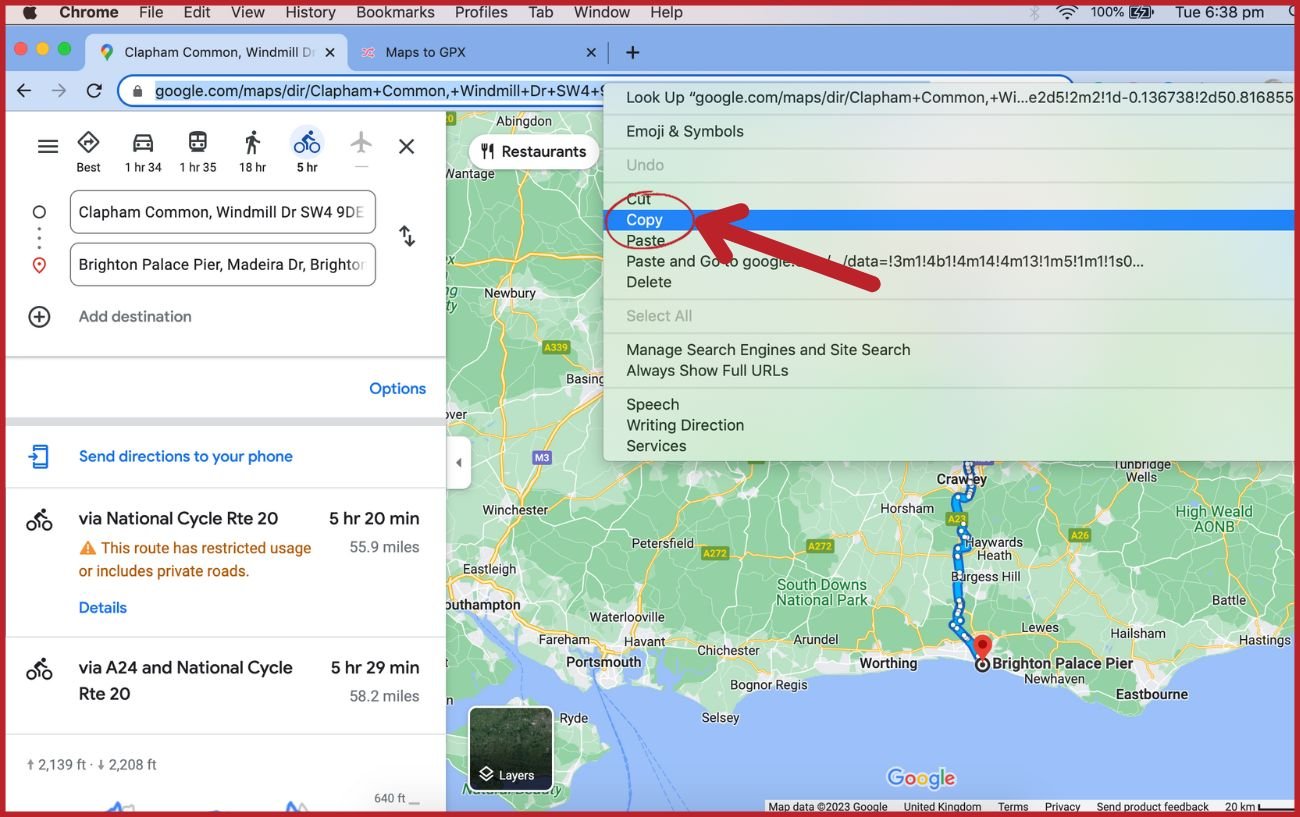 Annotated screenshot showing how to copy the URL of a Google Maps route.