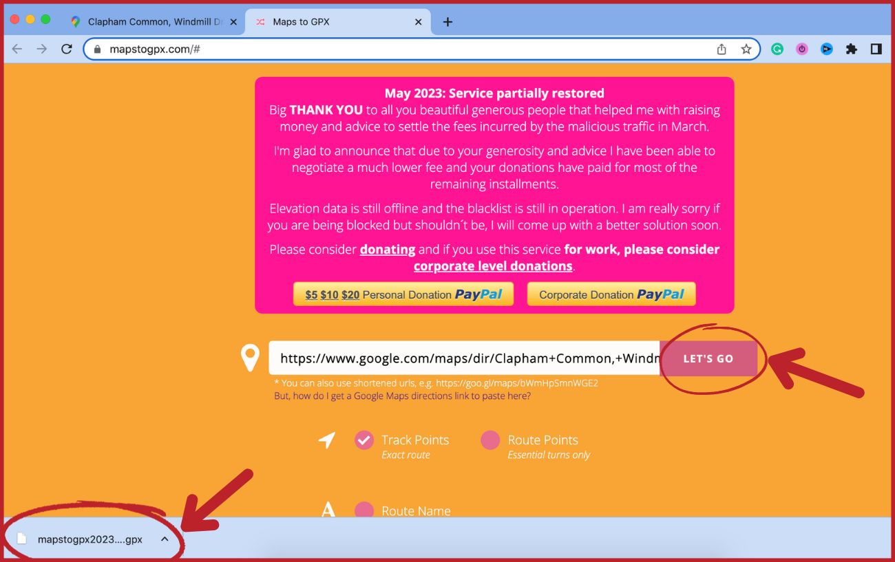 Annotated screenshot showing how to use "Maps to GPX" to export a GPX file from Google Maps.