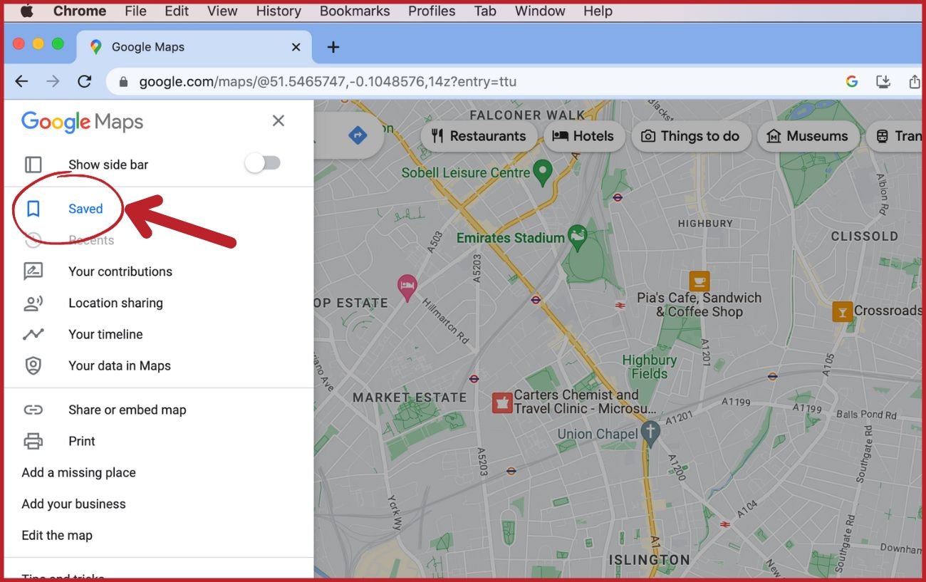 Annotated screenshot showing how to access saved maps in Google Maps.