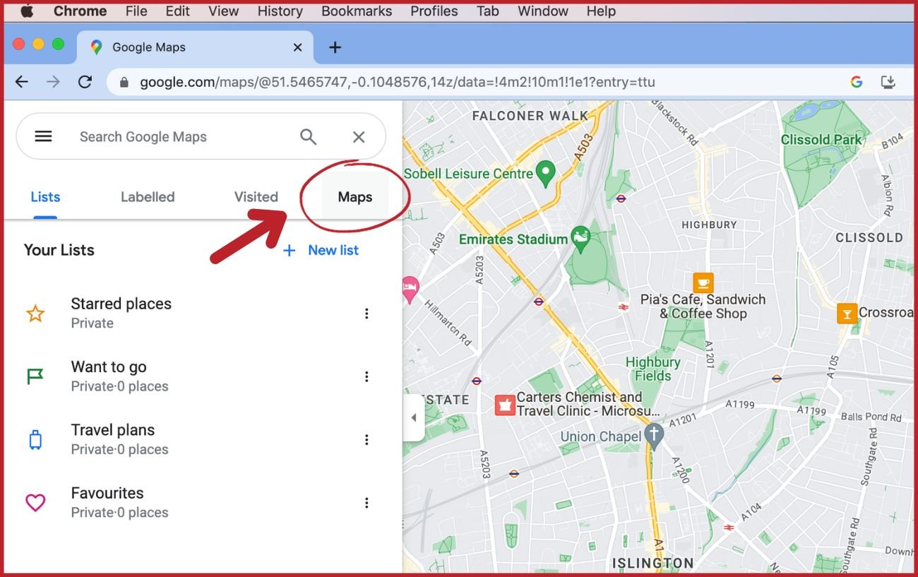 Annotated screenshot showing how to access saved maps in Google Maps.