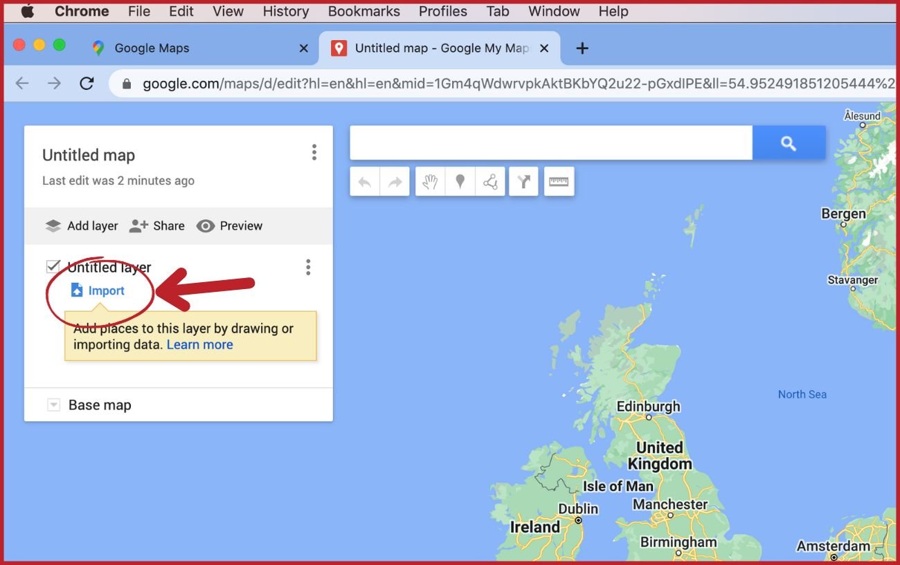 Annotated screenshot showing how to import GPX to Google Maps.