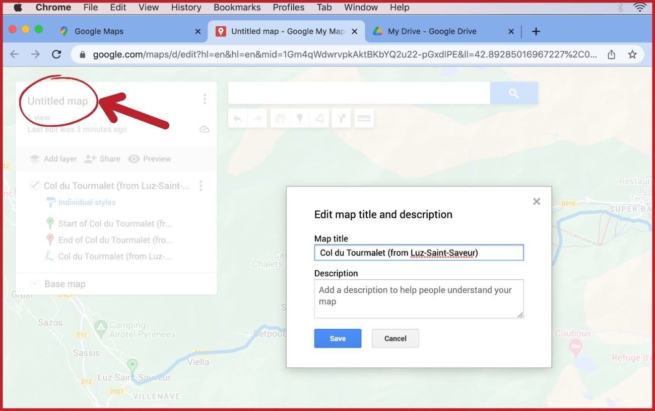 Annotated screenshot showing how to rename and save a GPX file in Google Maps.