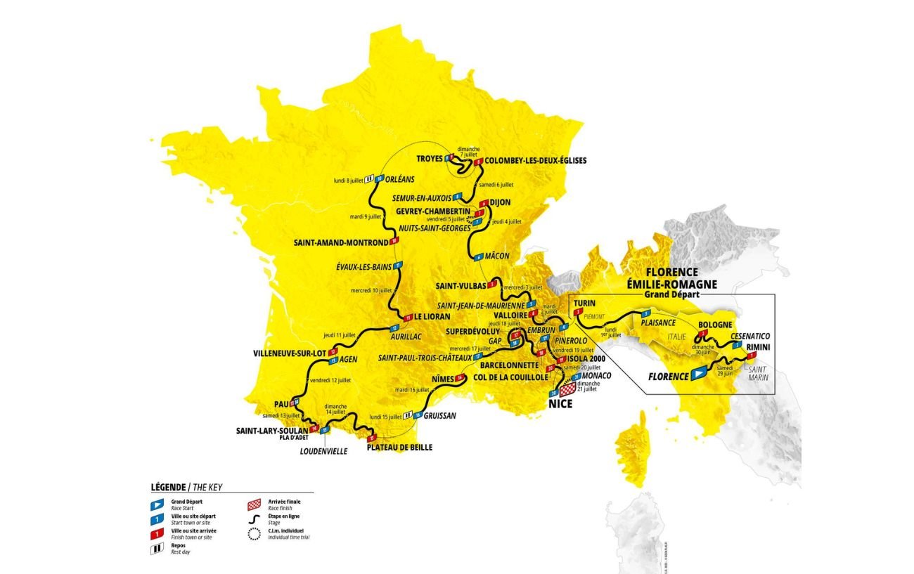 Annotated map showing the Tour de France 2024 route.