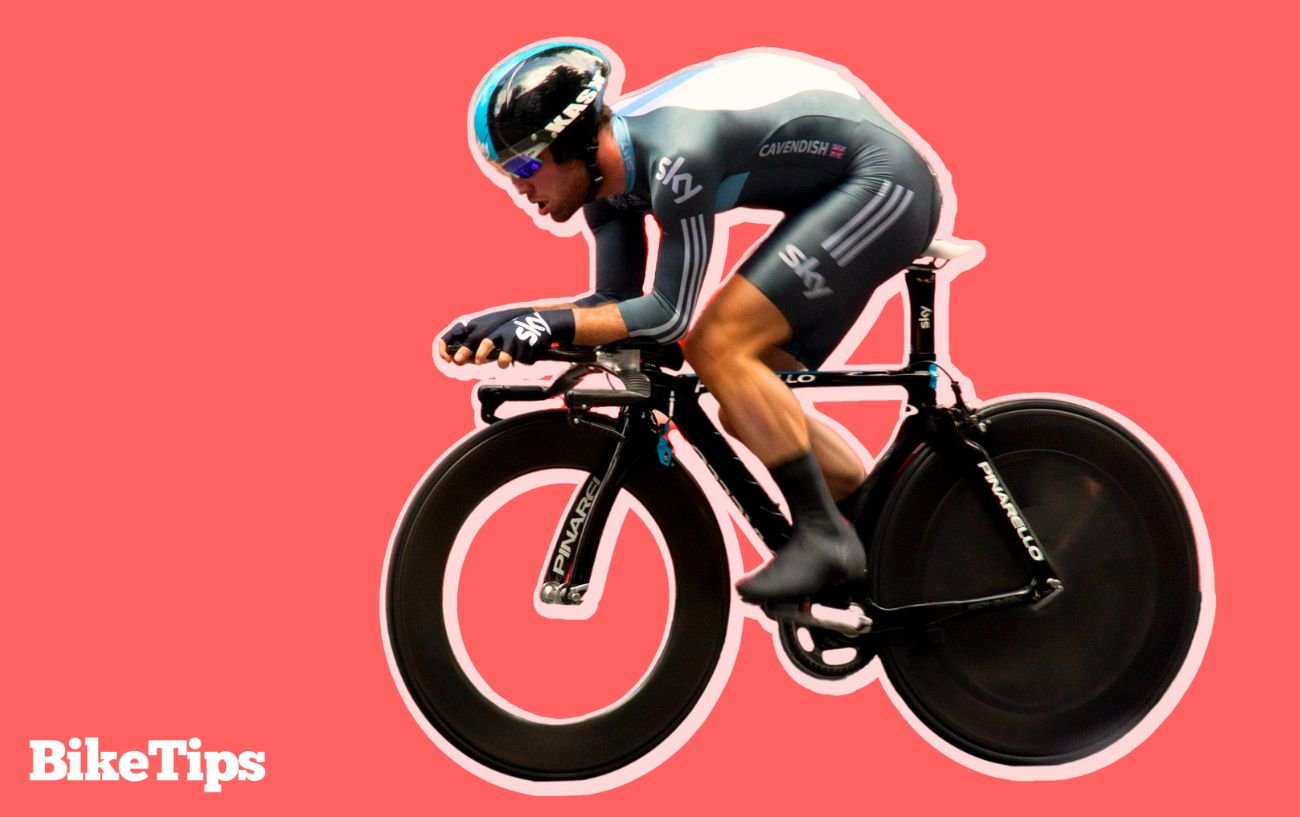 Mark Cavendish rides a time-trial bike with a high Watts output.