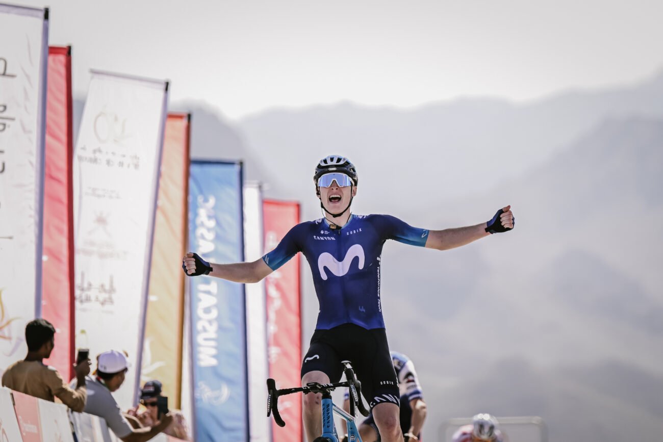Matteo Jorgensen celebrates winning a race by riding no-hands, one of the easiest bike tricks you can learn.