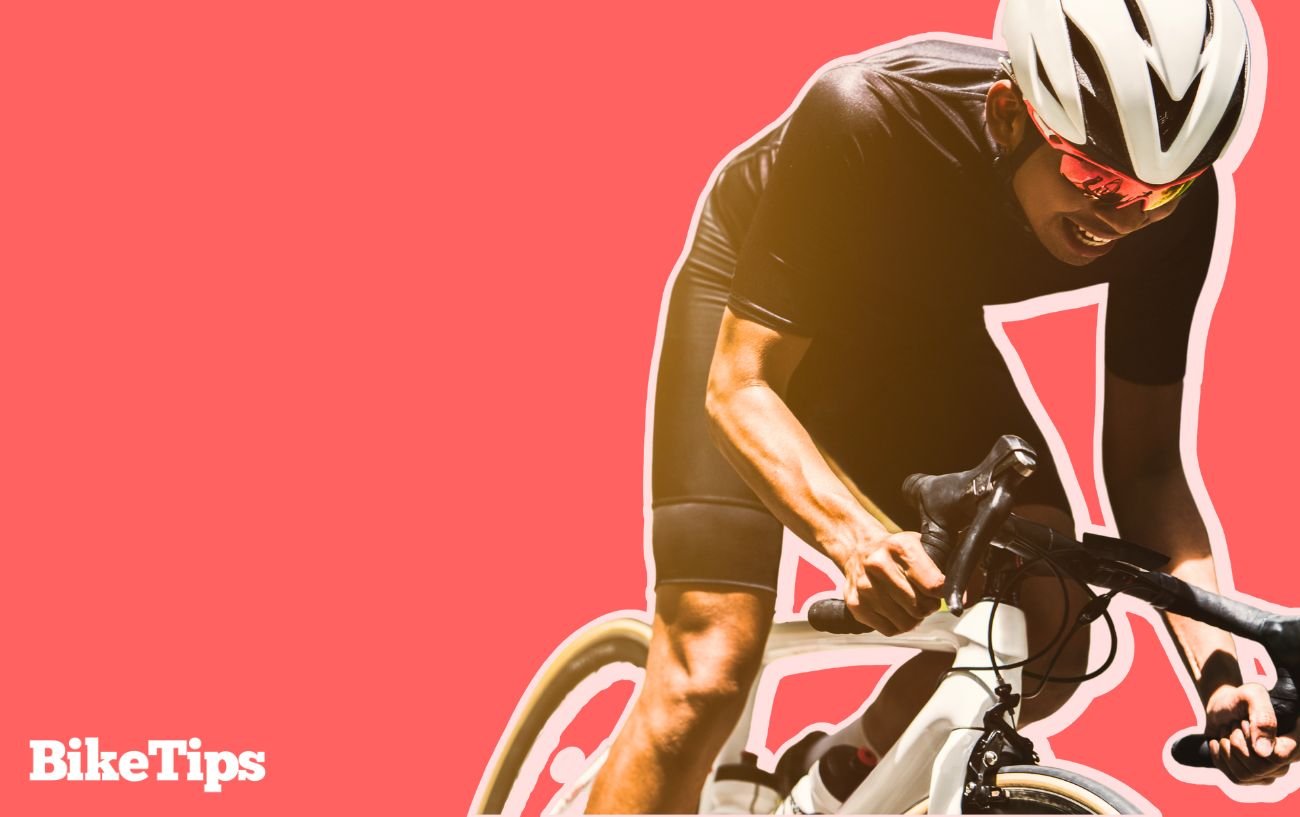 Graphic of a cyclist sprinting on a white road bike on a red background.