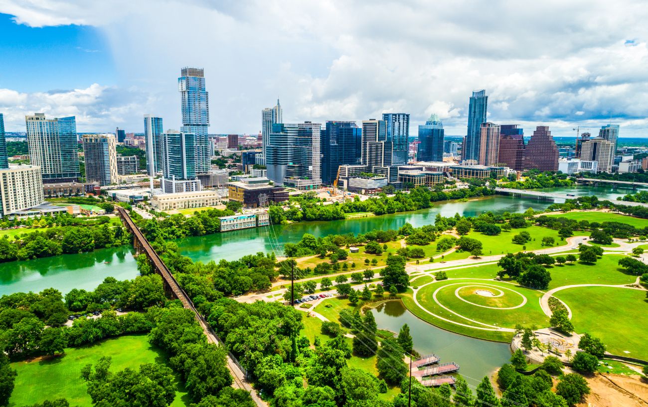 Aerial photo of the city center of Austin, Texas.