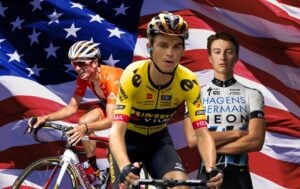 Graphic depicting Sepp Kuss, Brandon McNulty, and Neilson Powless against an American flag background.