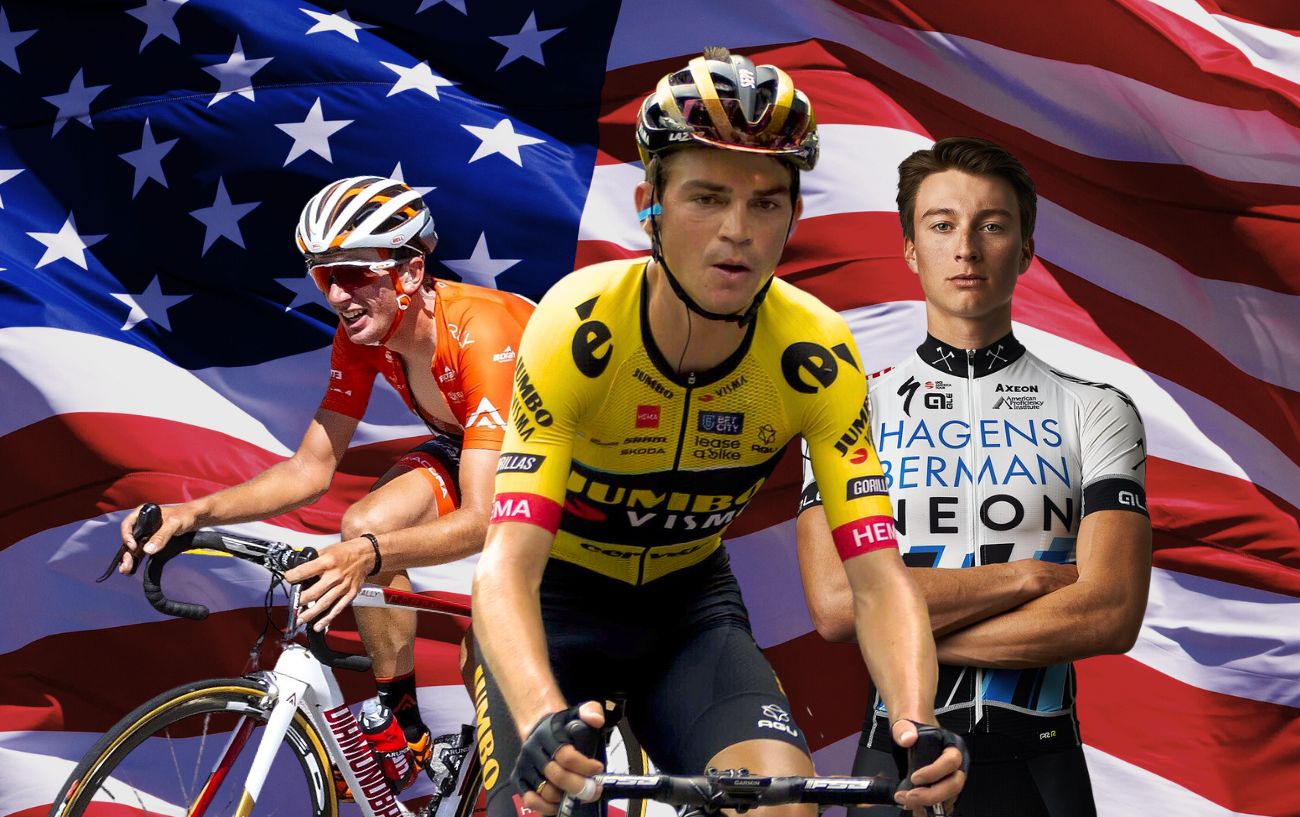 Graphic depicting Sepp Kuss, Brandon McNulty, and Neilson Powless against an American flag background.