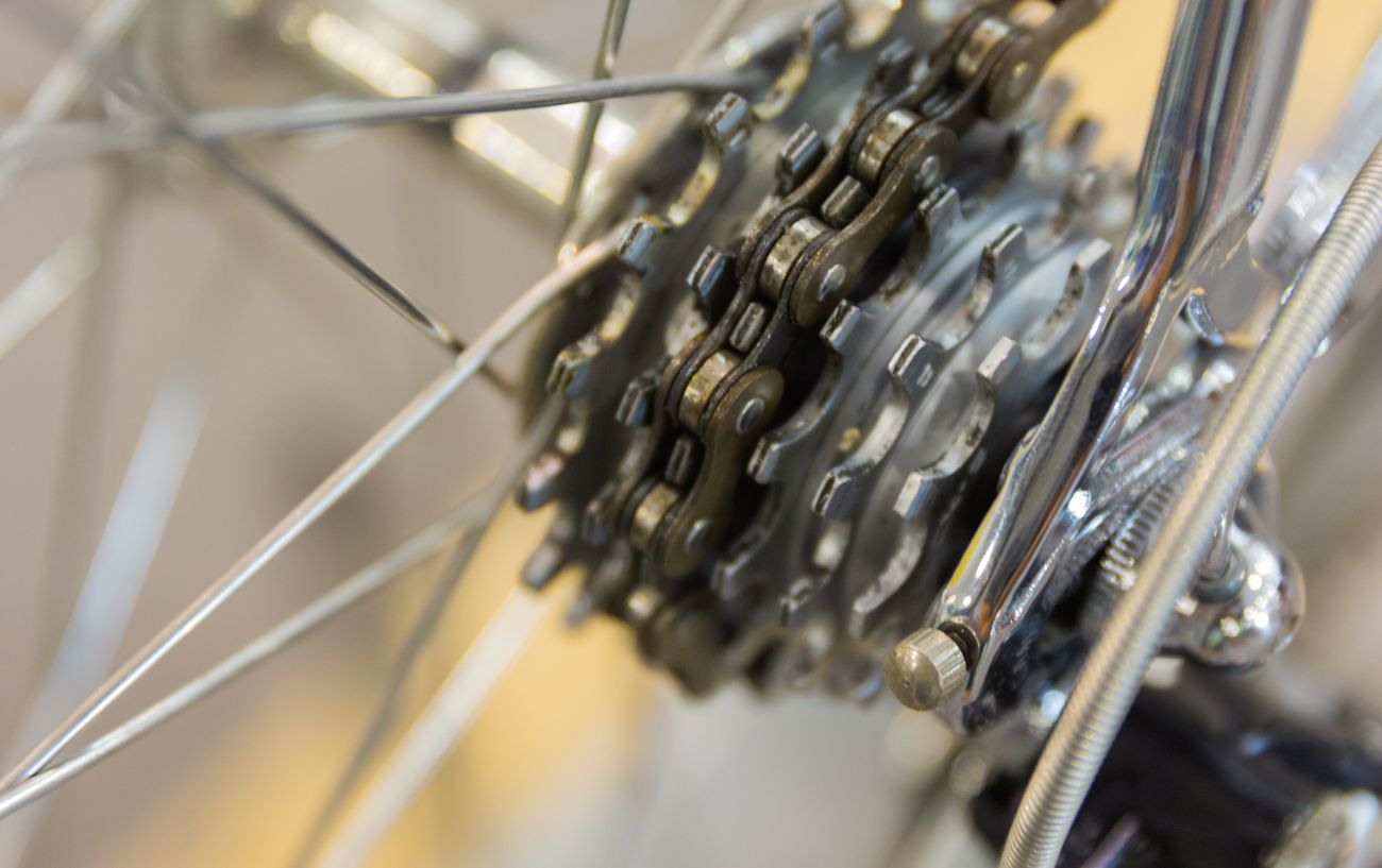 Close-up of a freewheel on a vintage bike.