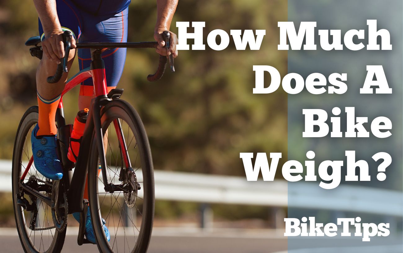 A cyclists cycles on a lightweight road bike with the words "how much does a bike weigh?" in the foreground.