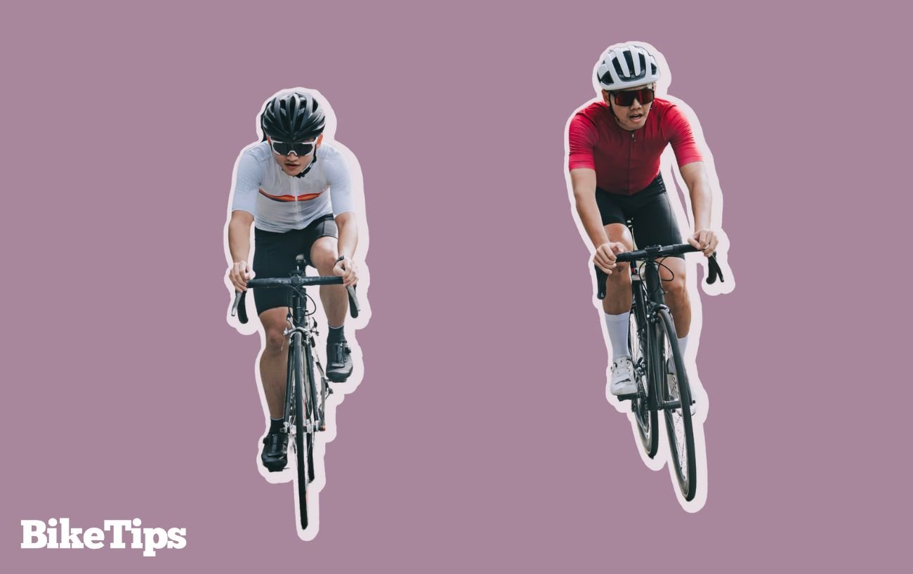 Two cyclists showing effects of cycling on body shape against a purple background.