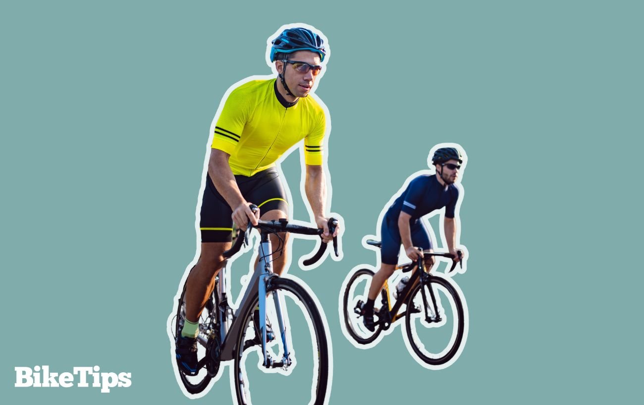 Two cyclists ride uphill on a turquoise background.