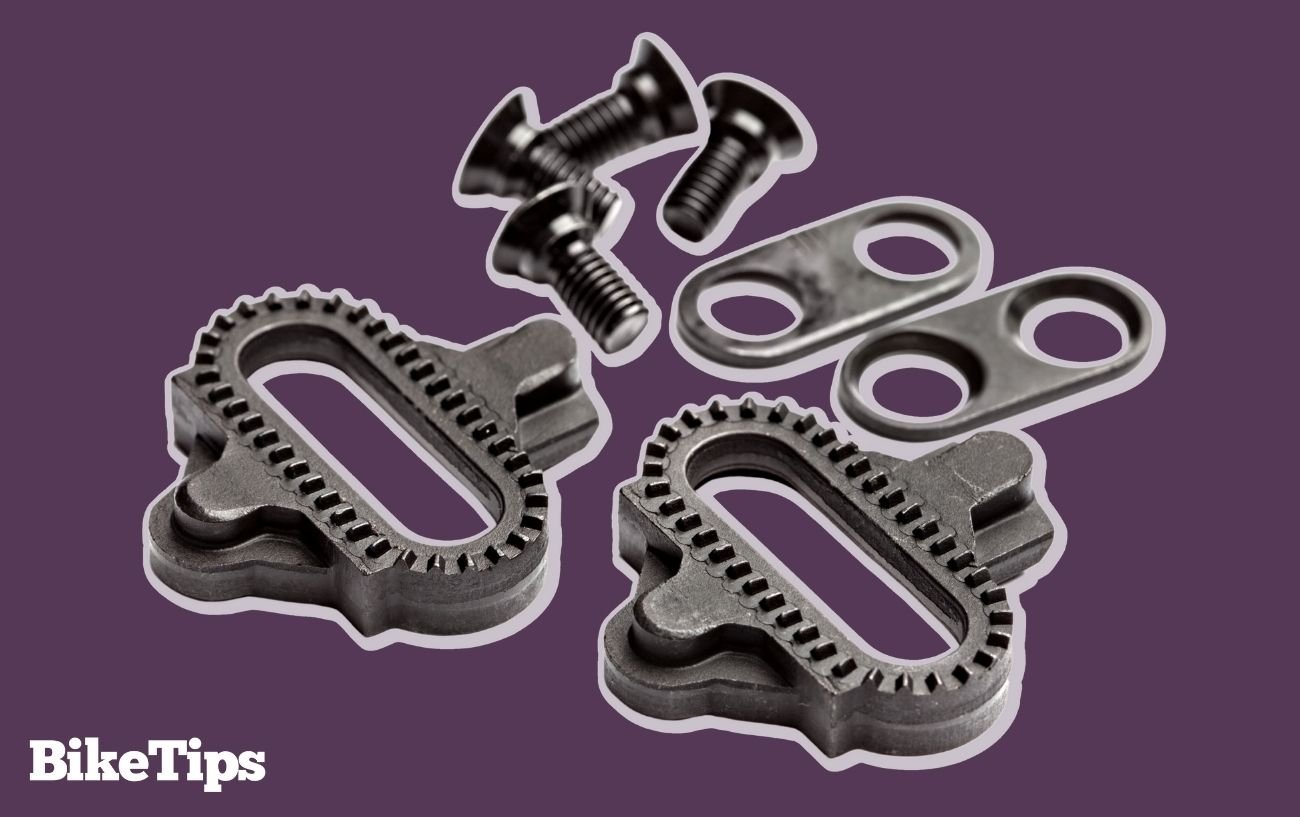 Graphic showing Shimano SPD cycling cleats on a purple background.