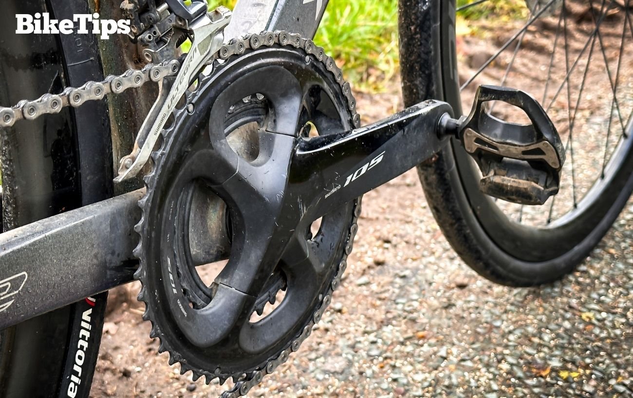 Close-up of a Shimano SPD-SL pedal on Robbie's road bike.