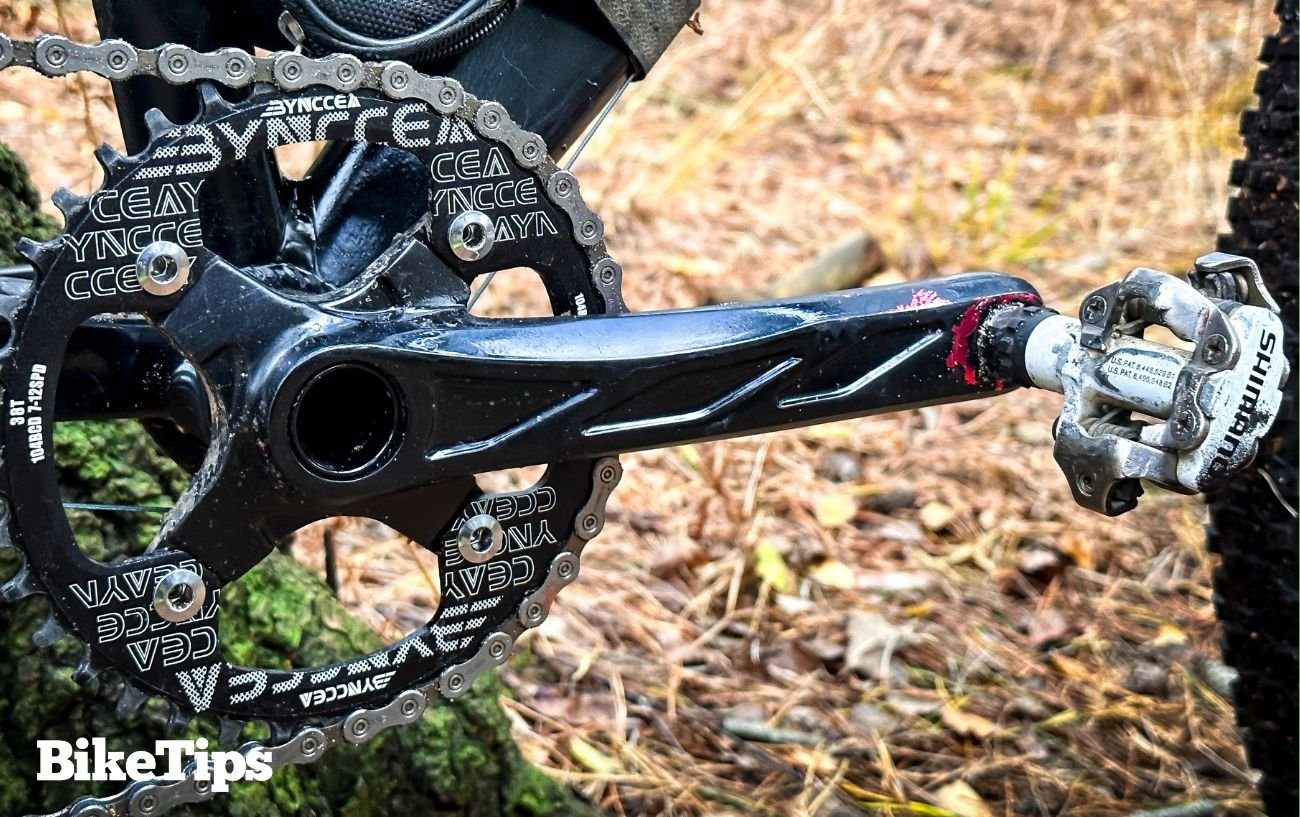 Close-up of an SPD pedal on Robbie's mountain bike.