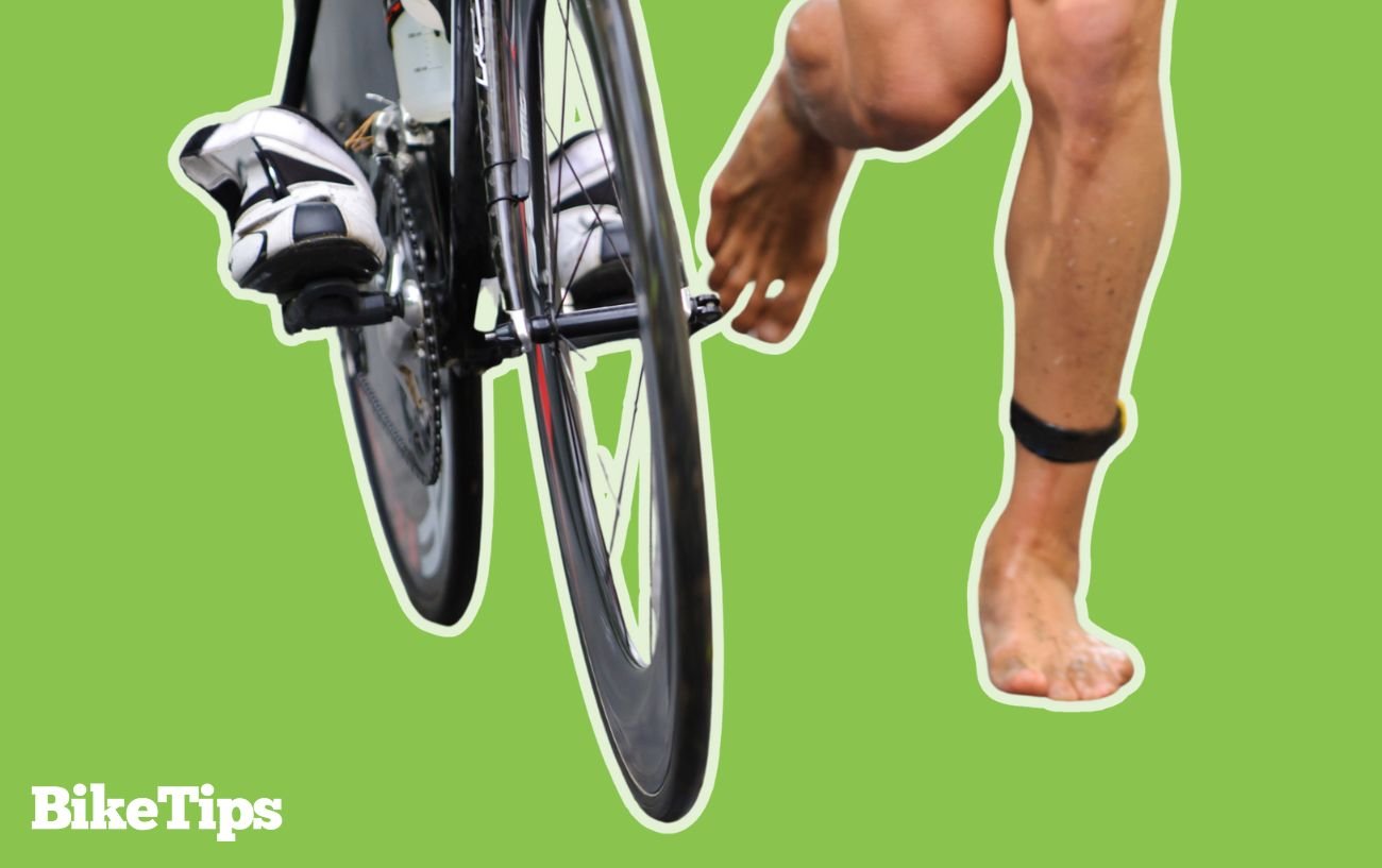 A triathlon bike with cycling shoes pre-clipped in.