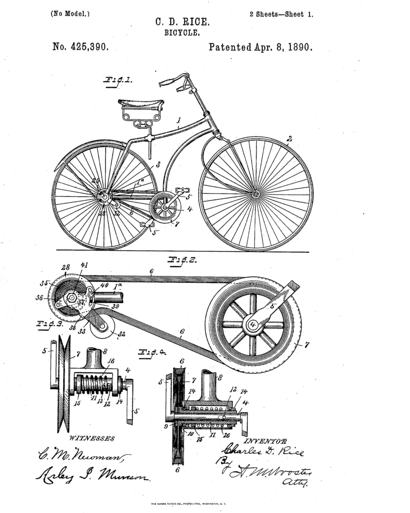 Patent image for the Charles D. Rice Belt-Driven Bicycle, 1890.