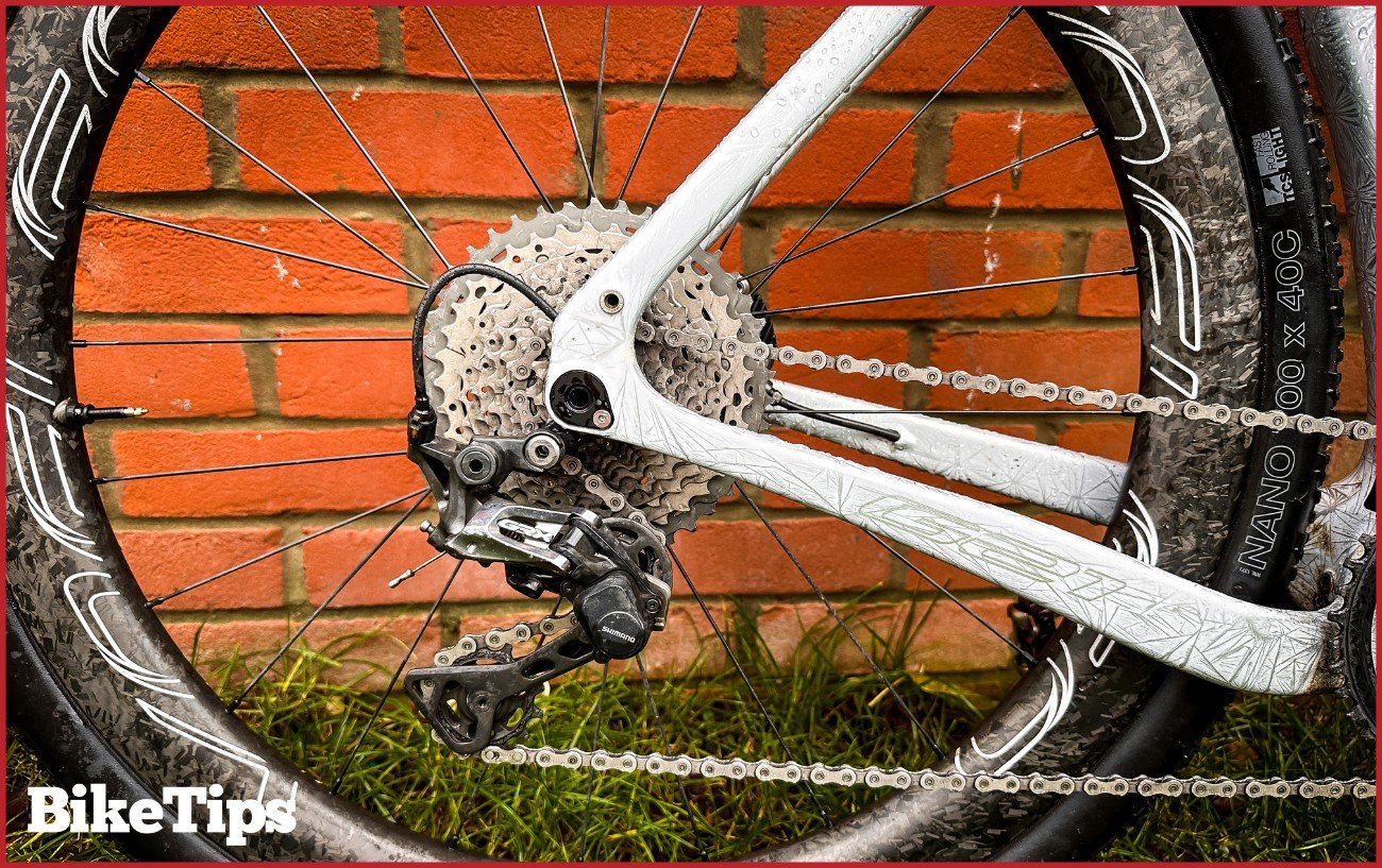 A clean cassette and chain on a gravel bike.