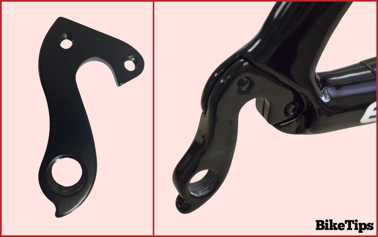 A derailleur hanger pictured on its own (left) and as it appears when fixed to the bike's frame (right).