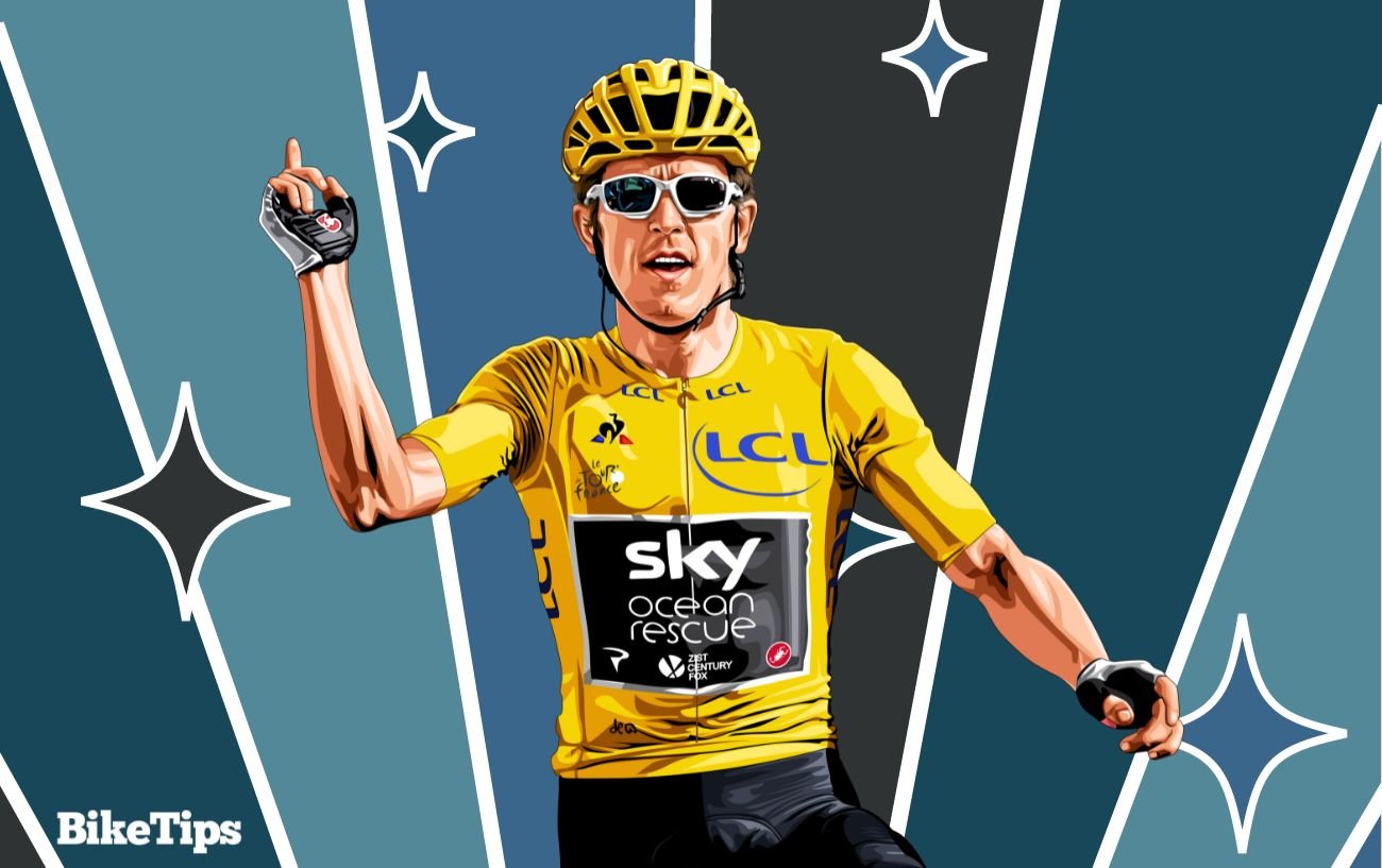 Jessy Carveth 3 Cartoon of Geraint Thomas in the yellow jersey of the Tour de France on a blue background.