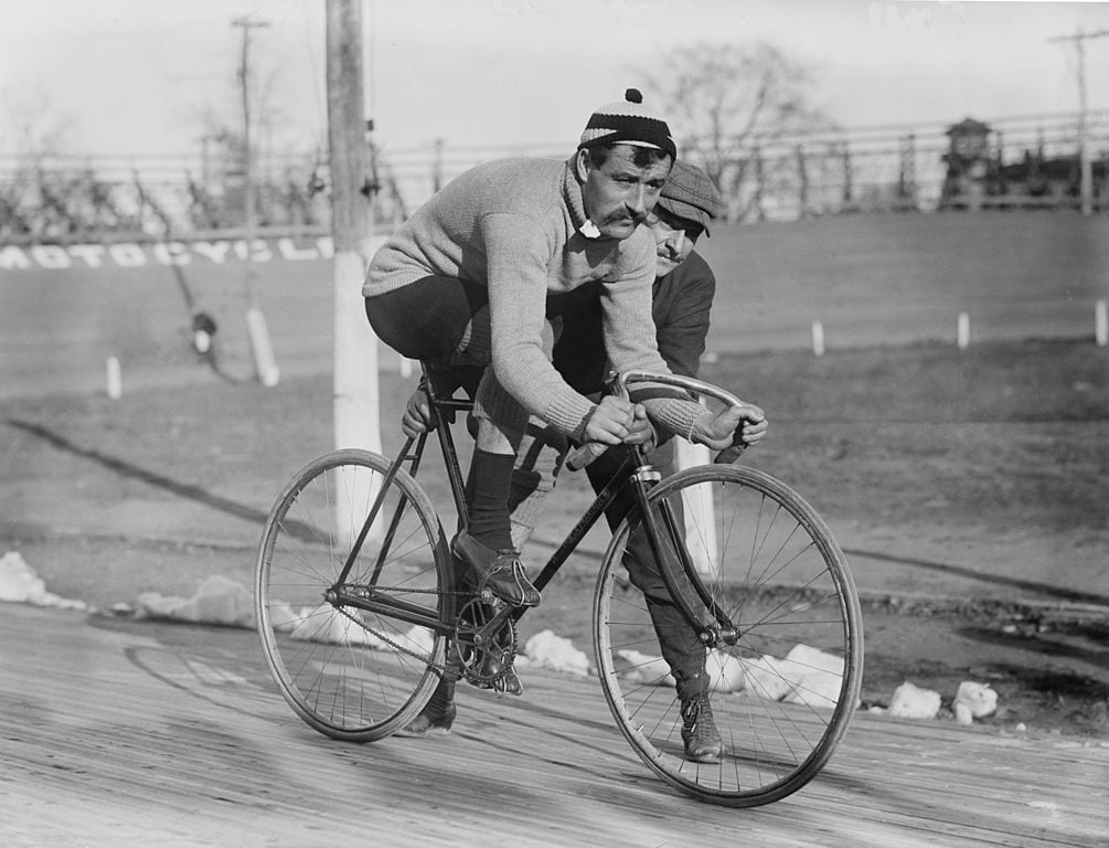 French cyclist Léon Georget rides an early track bike in 1909.