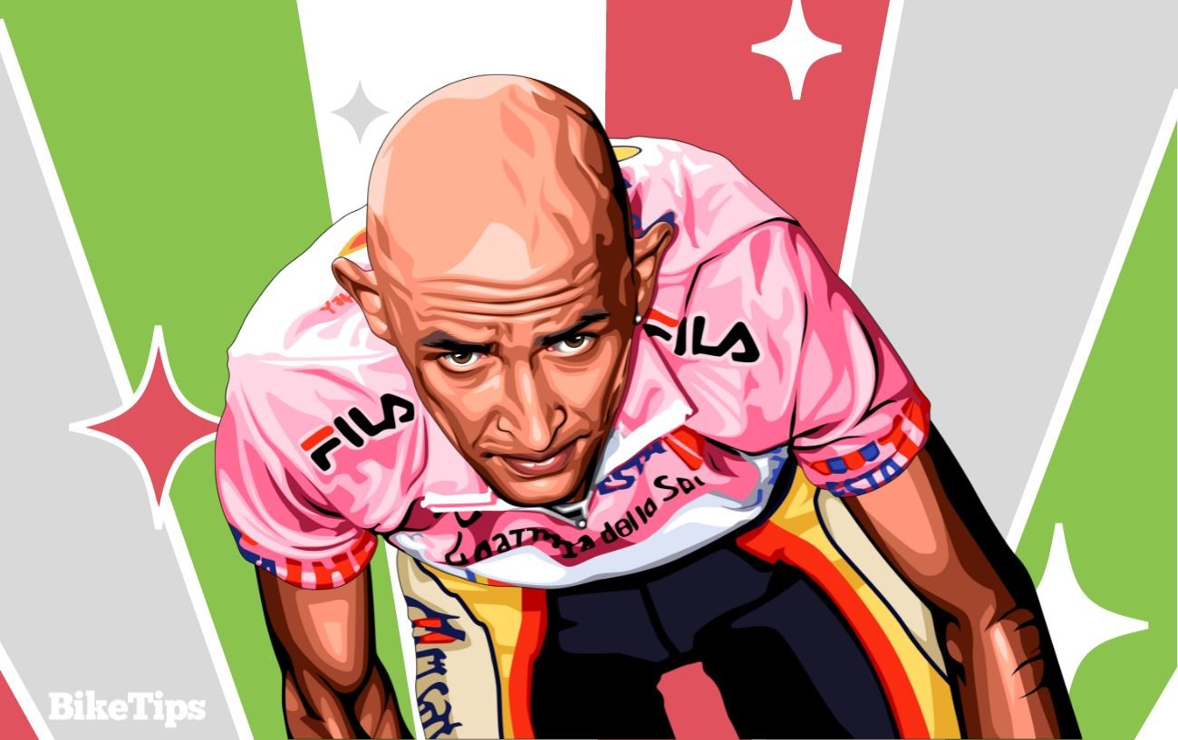 Marco Pantani in the maglia rosa with a background based on the Italian flag.