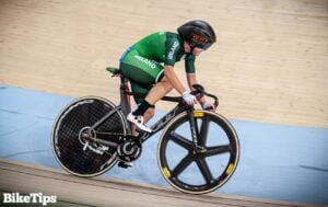 Lydia Gurley racing for Ireland at the 2019/20 Track Cycling World Cup on a track bike.