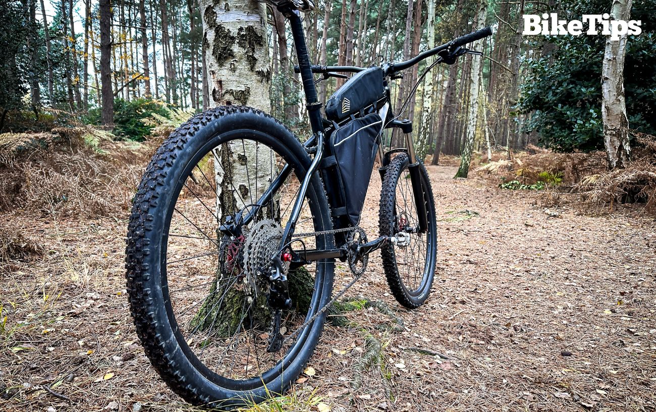My mountain bike fitted with wide tires for riding in mud.