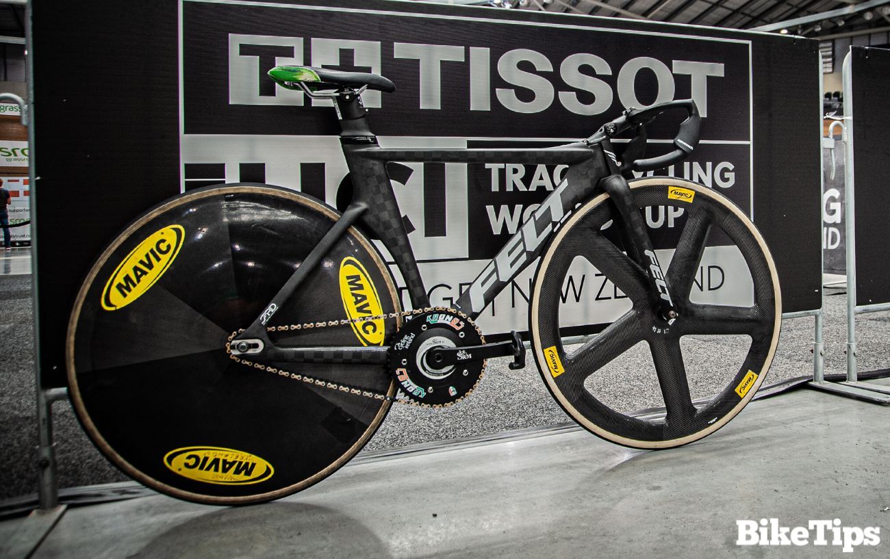 My track bike with a disc wheel at the rear and a five-spoke wheel at the front, pictured at the UCI Track World Cup in Cambridge, New Zealand, in 2019.
