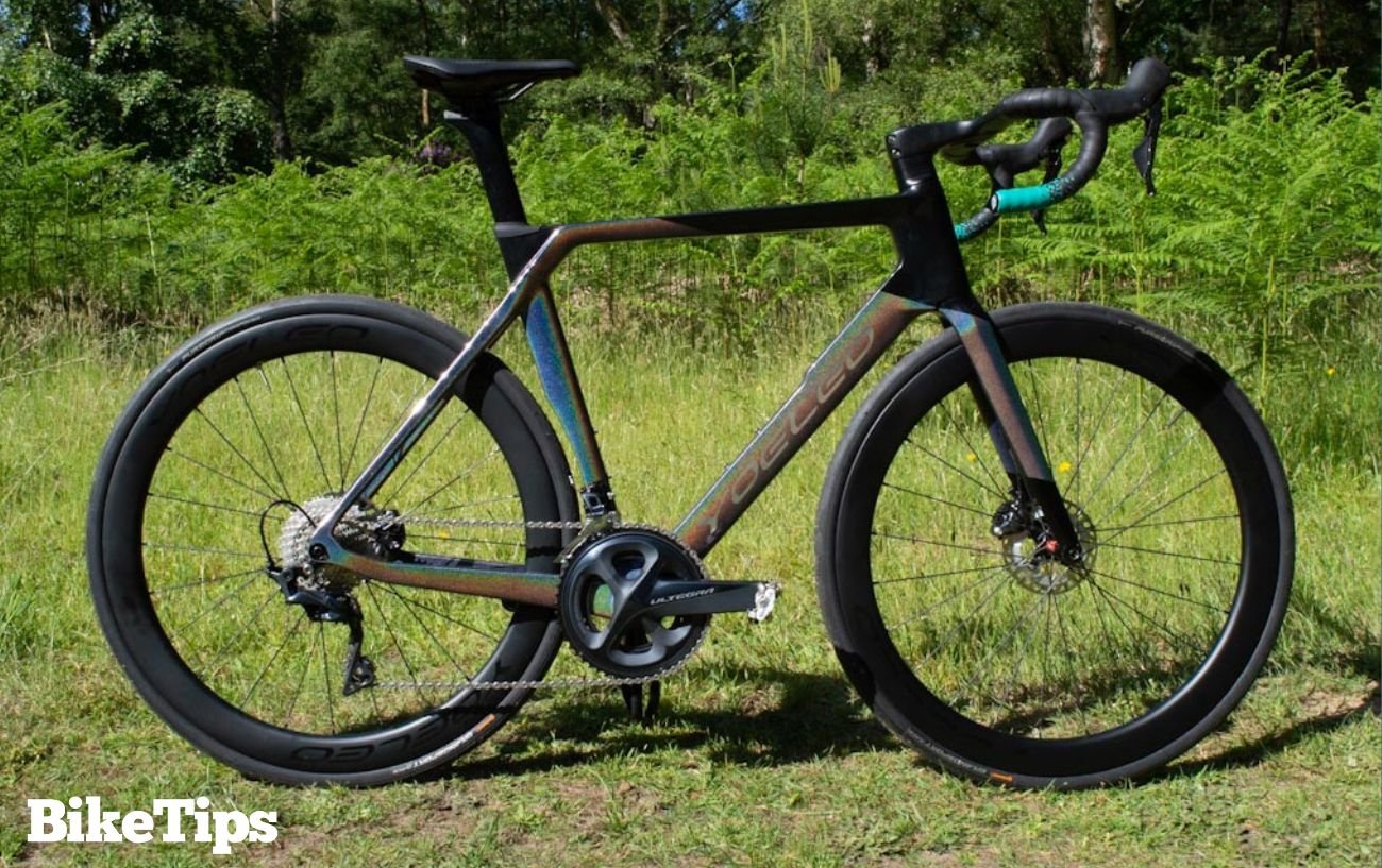 My modern carbon fiber road bike, which is less vulnerable to speed wobble than vintage steel frames.